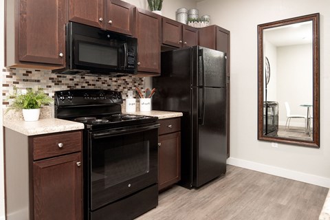 a kitchen with black appliances and a black refrigerator