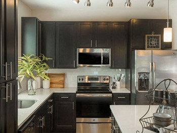 kitchen Luxury designer kitchen with dark wooden cabinets & stainless appliances in Charlotte, NC apartments - Photo Gallery 2