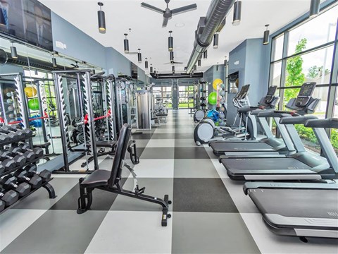 Large gym with hard checkered floor, ceiling fans, and rows of weight and cardio equipment