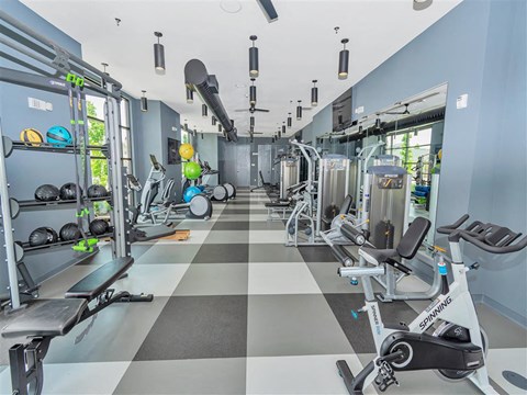 Long gym walkway with checkered floors showing weight and cardio equipment on both sides