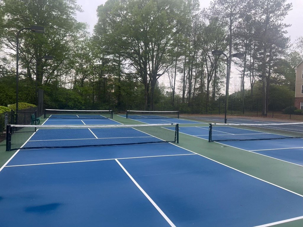 Pickleball courts with nets on a blue court
