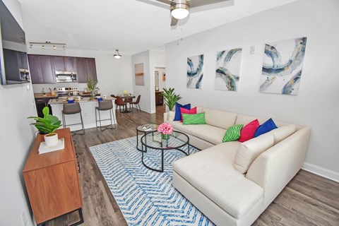 a living room with a couch and a table