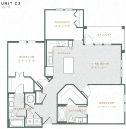 Floor plan layout of unit C2 showing a three-bedroom, two-bathroom space with 1,287 square feet