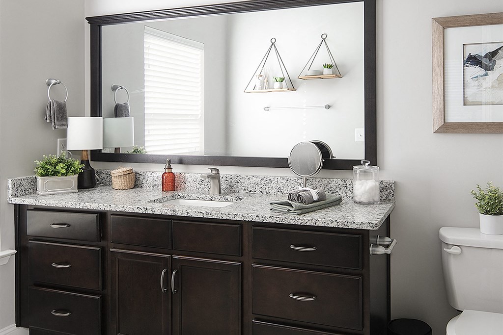 A bathroom vanity with a mirror above it.