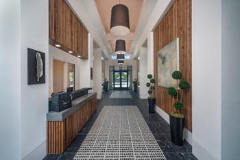 Apartments in Tampa, FL_Avli Apartments_Office Long hallway with bamboo walls, hanging lights, plants, and tiled floor leading to a door - Photo Gallery 5