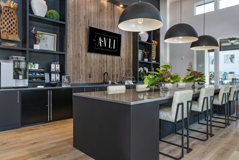 Apartments in Tampa, FL_Avli Apartments_clubhouse seating Communal space at Avli Apartments with kitchen bar, barstools, and sink under hanging lights near coffee station - Photo Gallery 4