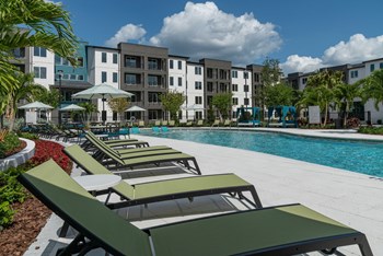 Apartments in Tampa, FL_Avli Apartments_ Pool Lounge Lounge chairs bordering the pool with umbrellas, plants, trees, and buildings on the side - Photo Gallery 2