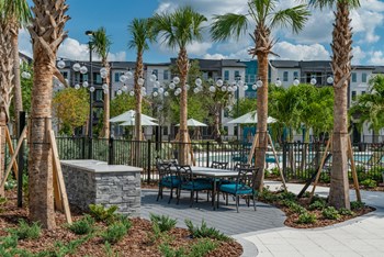 Apartments in Tampa, FL_Avli Apartments_Outdoor seating and palm trees Outdoor table with chairs under stringed lights and palm trees by the gated pool - Photo Gallery 3