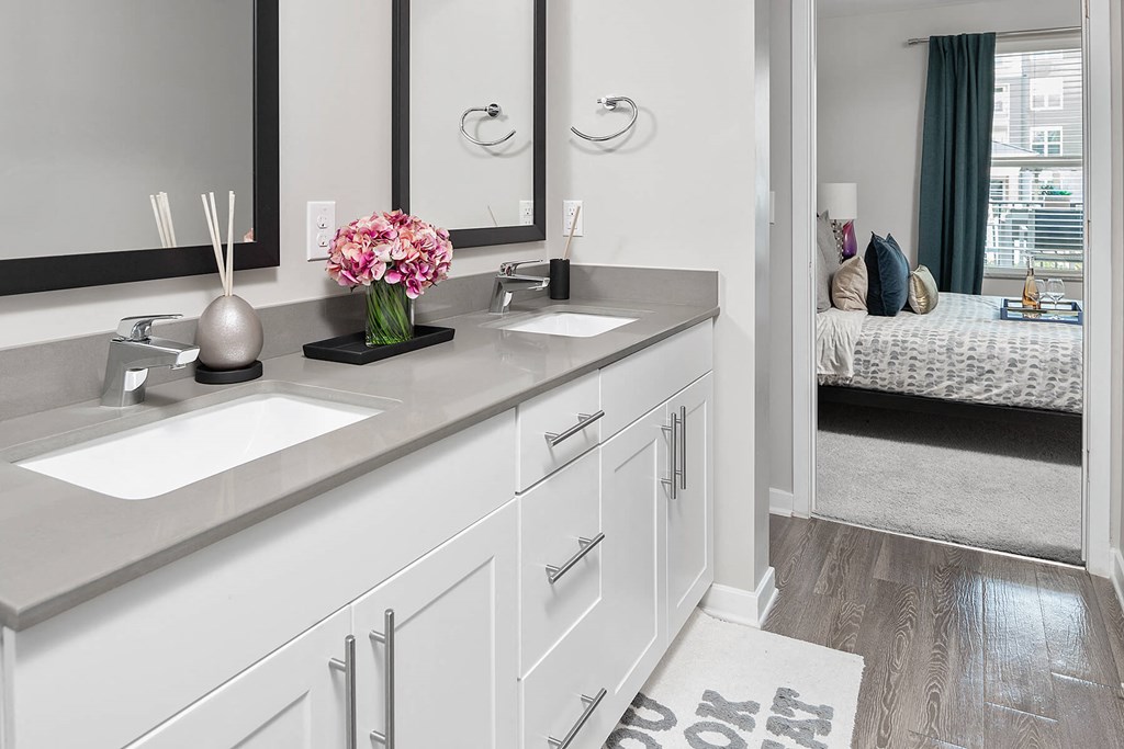 bathroom with vanity and two sinks