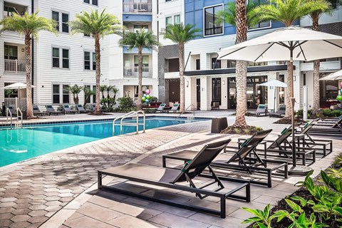 A pool area with sun loungers and palm trees.