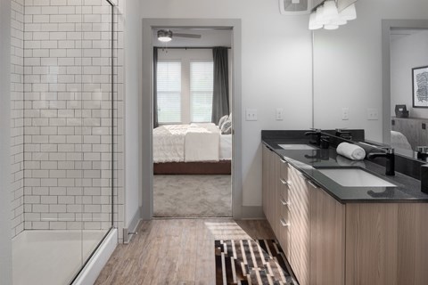 A bathroom with a walk-in shower and a vanity with a mirror.