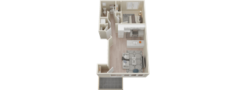 A 3D rendered image of a modern apartment layout.