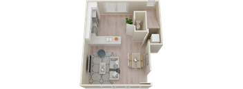 A top-down view of a small, neatly arranged apartment with a kitchen, living room, and bathroom.