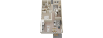 A top down view of a small apartment with a bedroom, living room, and kitchen.