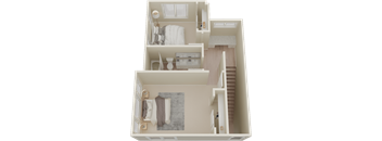 A 3D rendered image of a small apartment layout.