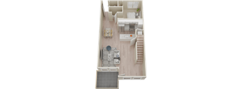 A top-down view of a small apartment with a kitchen, living room, and bathroom.