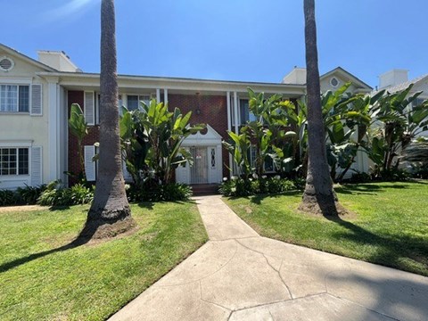 A white house with a brown door and windows is surrounded by green plants and trees.