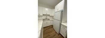 A white fridge and sink in a kitchen.