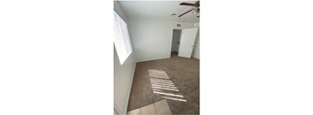 A room with a carpet and a ceiling fan.