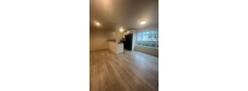 A room with wooden flooring and a window showing daylight outside.