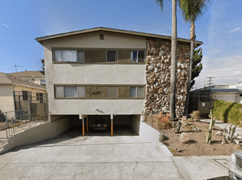 A house with a stone wall and a palm tree in front.
