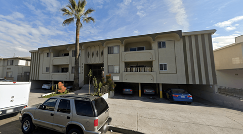 A silver SUV is parked in front of a building with a palm tree in the background.