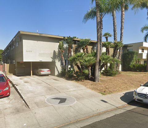 A building with the number 2025 on it is surrounded by palm trees.
