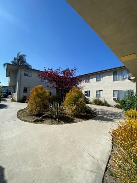 A building with a red tree in front of it.
