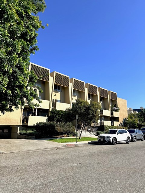 A white car is parked in front of a building with a tree to the left.