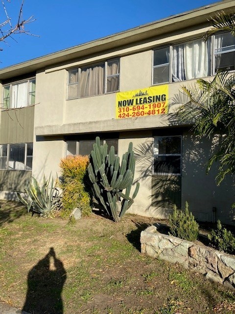 A building with a sign that says "Now Leasing" is surrounded by plants and trees.