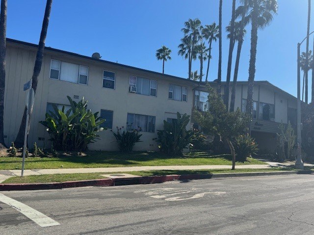 A building with a white facade and a row of palm trees in front of it.