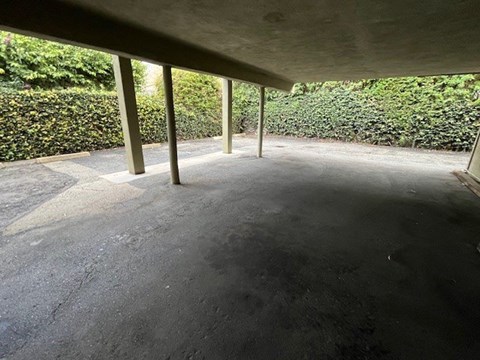 A parking area with a concrete floor and a hedge in the background.