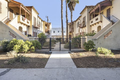 A black gate blocks the way to a courtyard with a concrete walkway and a palm tree.