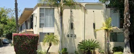 A house numbered 423 is surrounded by green plants.