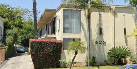 A house numbered 423 is surrounded by greenery.