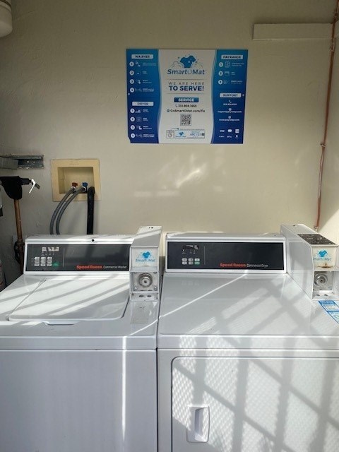 Two washing machines are in front of a wall with a sign that says Smart-Mat.