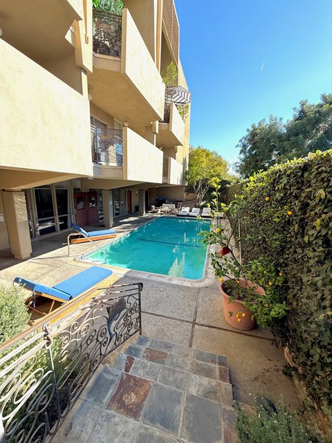 A small pool in a courtyard surrounded by buildings and plants.