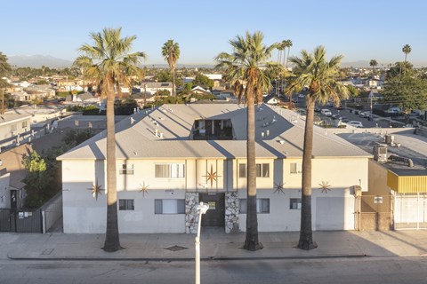 A house with a white exterior and a brown roof is surrounded by palm trees.