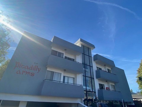 A building with the words "Deadly Arms" painted on it.