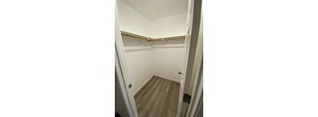 A white closet with a wooden shelf and a white door.