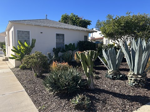 A white house with a garden in front.