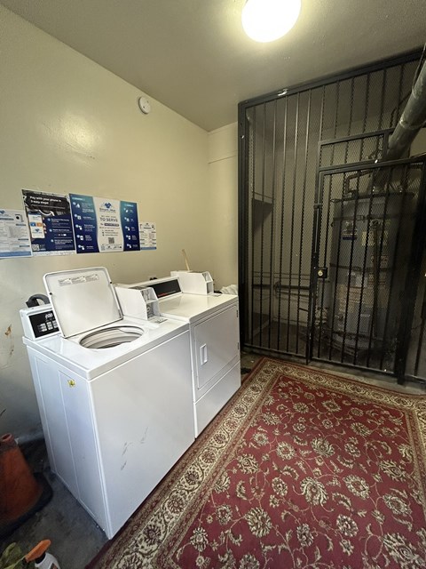 A white washing machine sits in a small room with a red carpet.