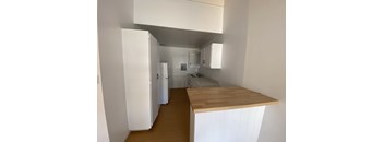 A small white kitchen with a wooden counter top.