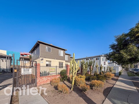 A residential area with a house, gate, and cacti.