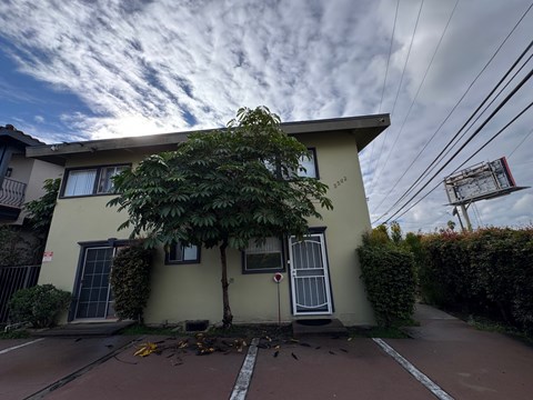 A yellow house with a tree in front of it.