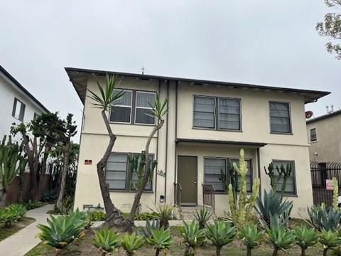 A house with a green door and a cactus in front.