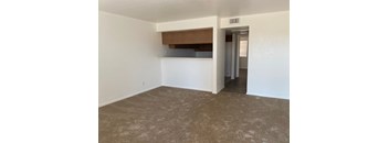 A room with a carpeted floor and a doorway leading to another room.