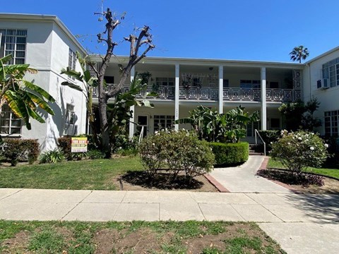 A white building with a balcony and a tree in front.