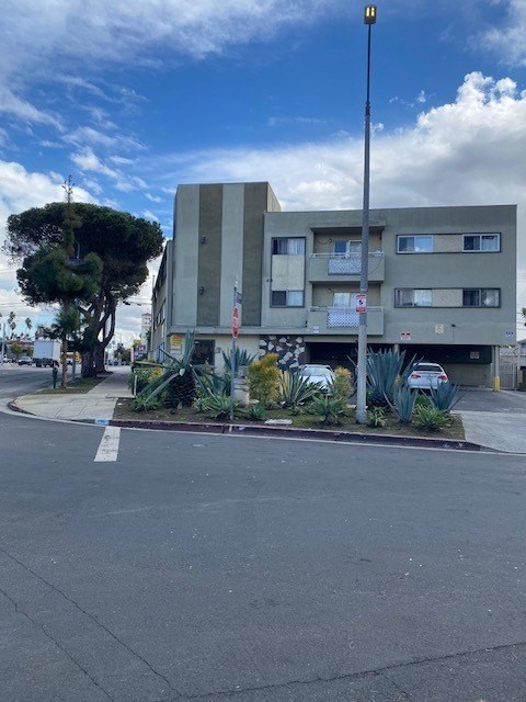 A street view of a building with a tree in front of it.