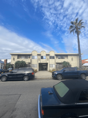 A black car is parked in front of a building with a palm tree.